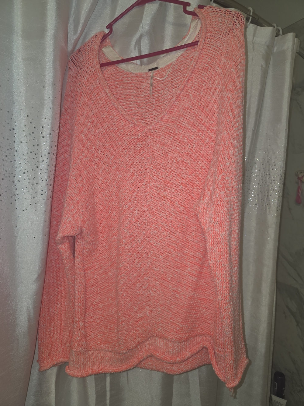 Free People V-Neck Knit Sweater in Neon Pink